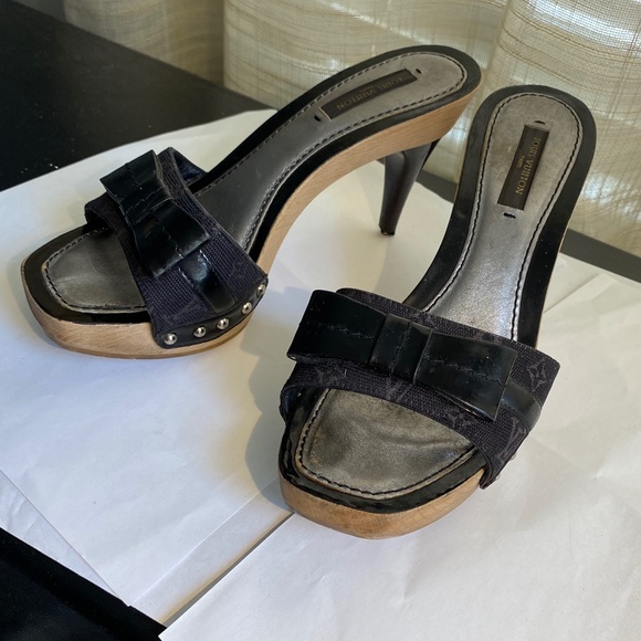Louis Vuitton monogram canvas black mules pat leather 35-5 heels Italy - Picture 1 of 8